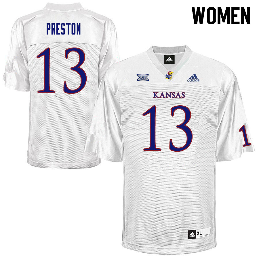 Women #13 Jordan Preston Kansas Jayhawks College Football Jerseys Sale-White - Click Image to Close